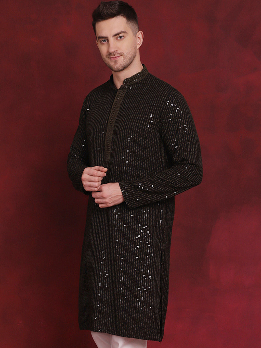 Jompers Men's Sequins Chikankari Embroidered Kurta - Olive