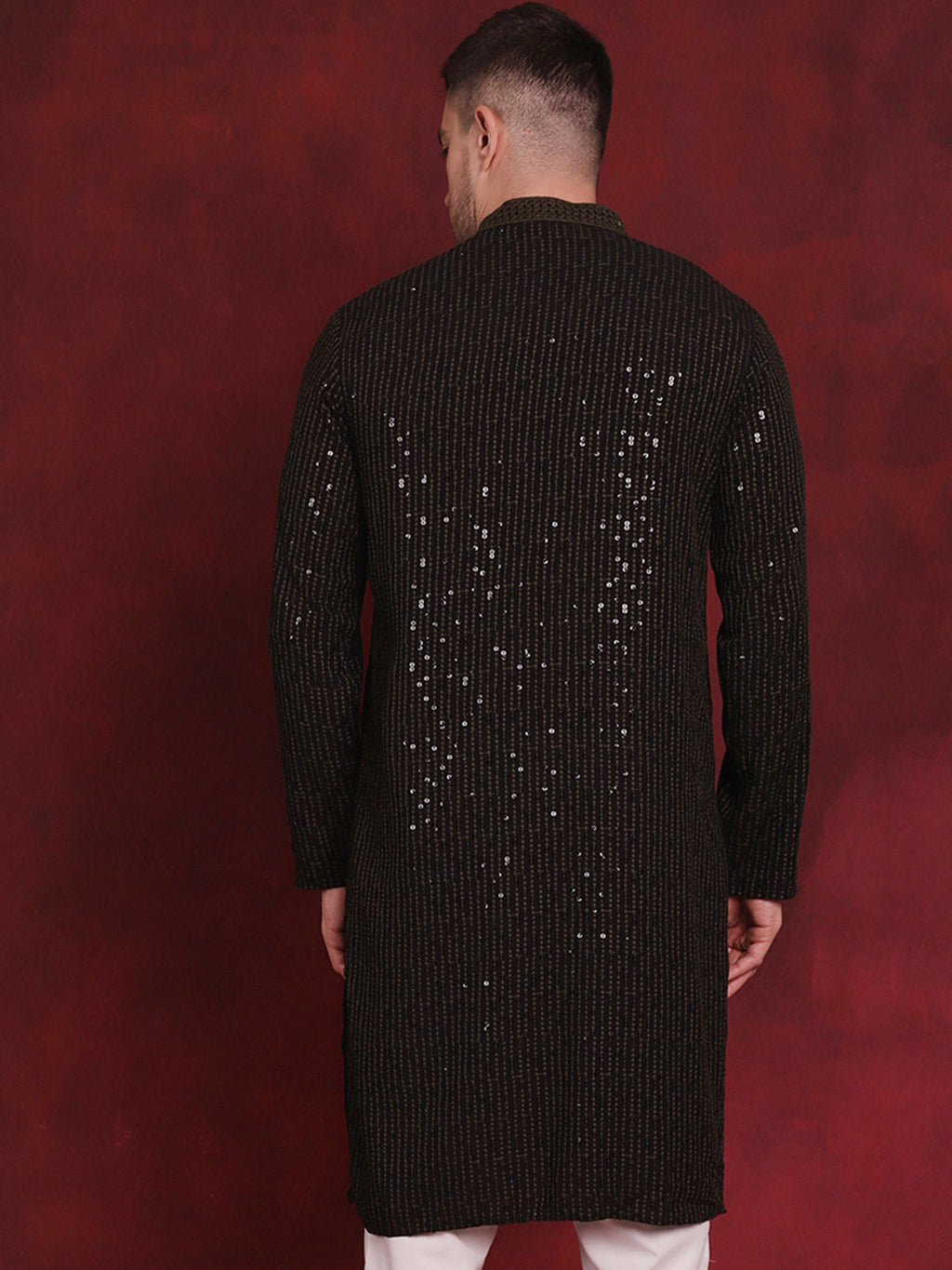 Jompers Men's Sequins Chikankari Embroidered Kurta - Olive