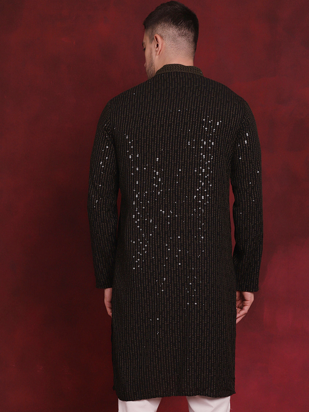 Jompers Men's Sequins Chikankari Embroidered Kurta - Olive