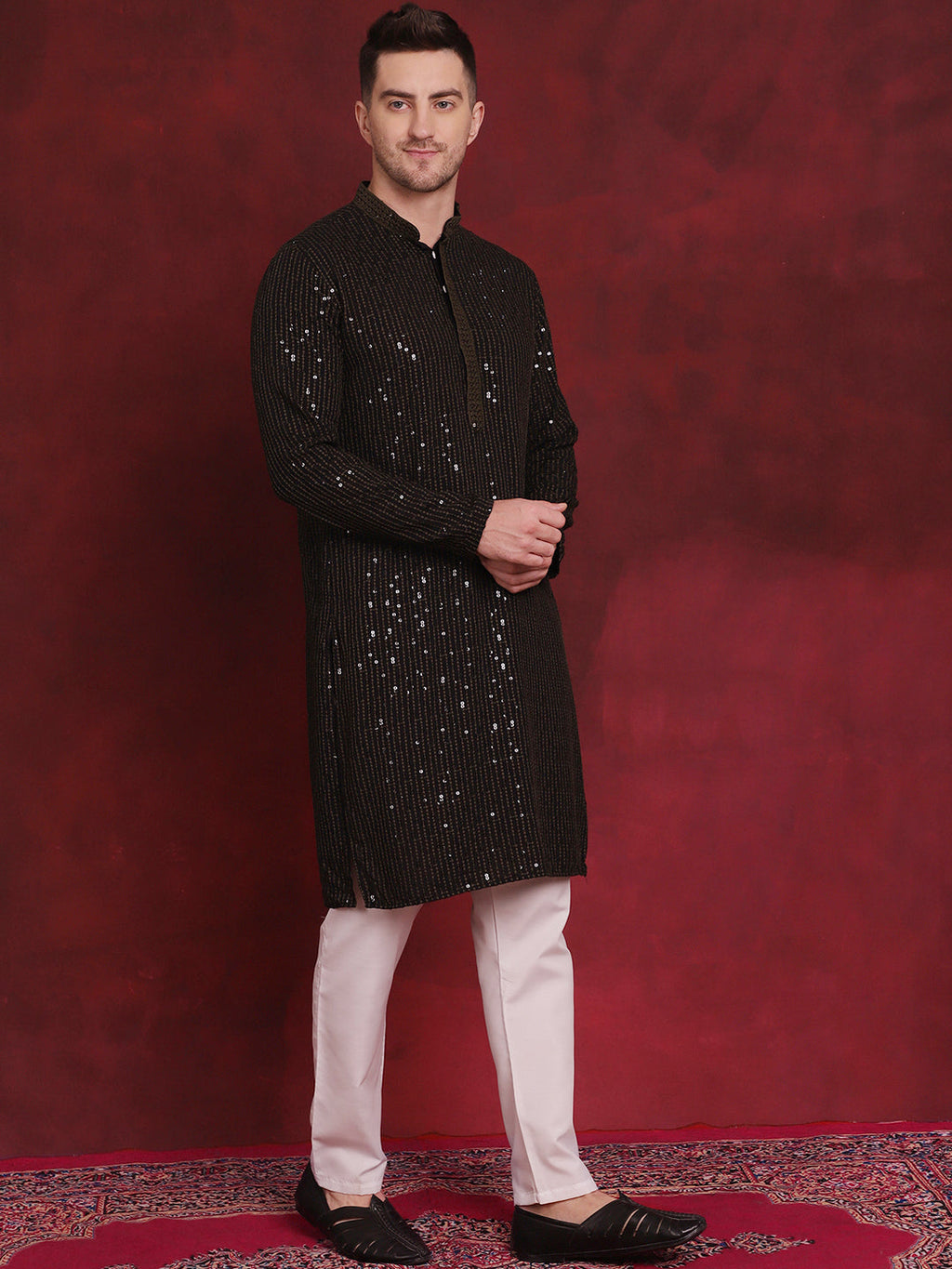 Jompers Men's Sequins Chikankari Embroidered Kurta - Olive