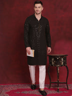 Jompers Men's Sequins Chikankari Embroidered Kurta - Olive
