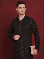 Jompers Men's Sequins Chikankari Embroidered Kurta - Olive