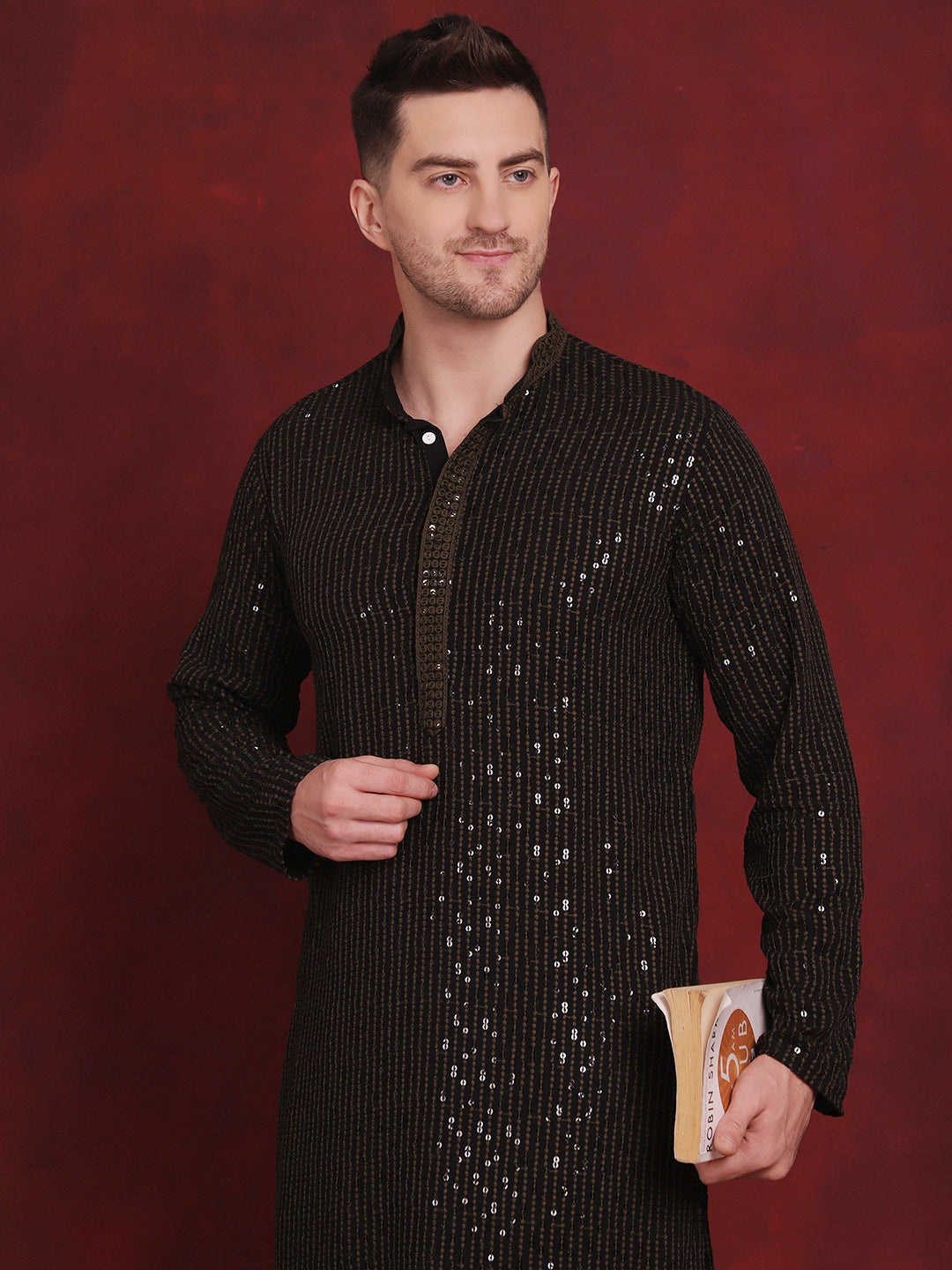 Jompers Men's Sequins Chikankari Embroidered Kurta - Olive
