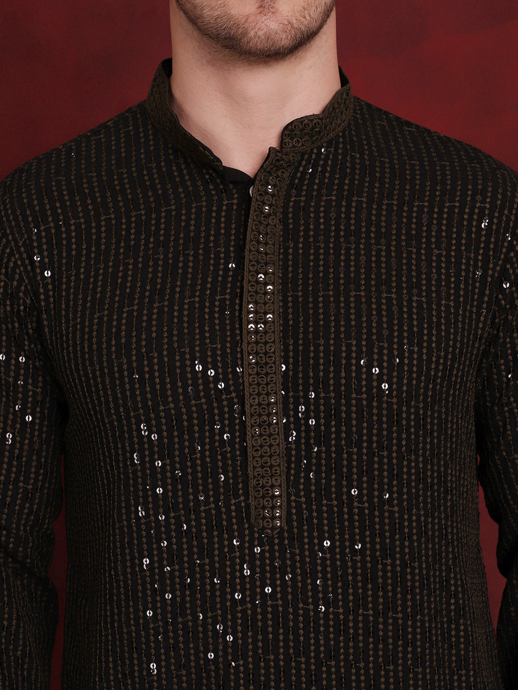 Jompers Men's Sequins Chikankari Embroidered Kurta - Olive