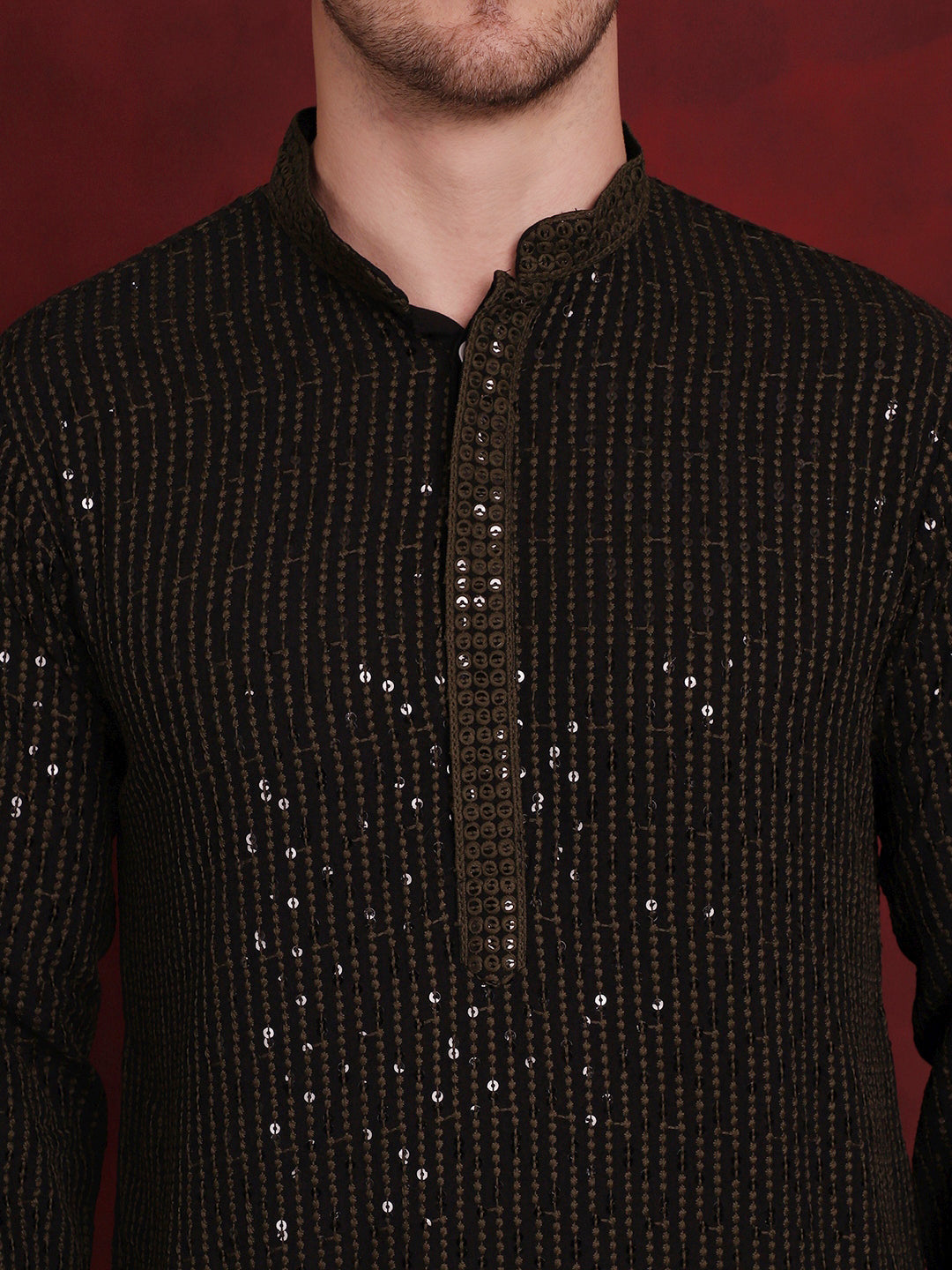 Jompers Men's Sequins Chikankari Embroidered Kurta - Olive