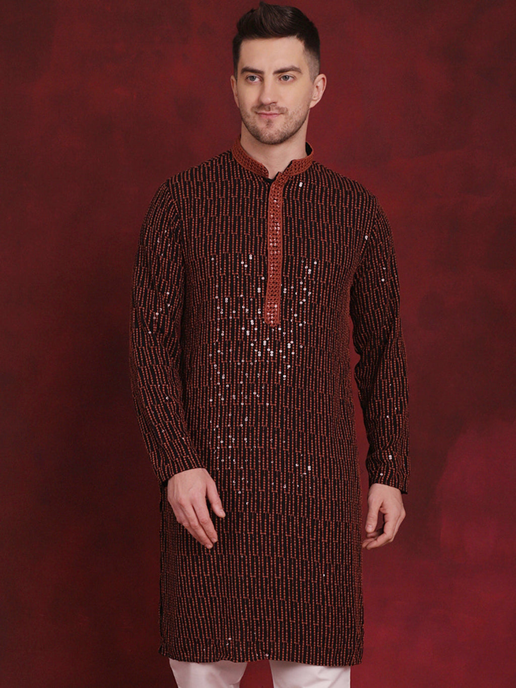 Jompers Men's Sequins Chikankari Embroidered Kurta - Orange