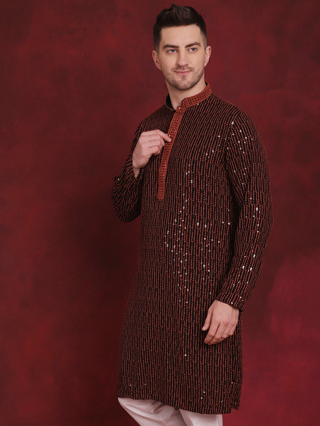 Jompers Men's Sequins Chikankari Embroidered Kurta - Orange