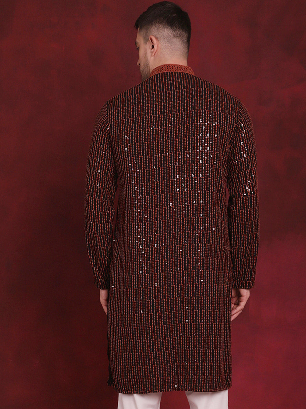 Jompers Men's Sequins Chikankari Embroidered Kurta - Orange