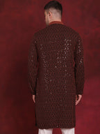 Jompers Men's Sequins Chikankari Embroidered Kurta - Orange