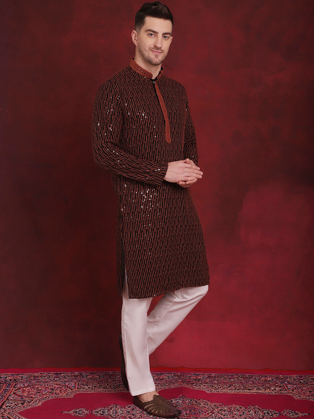 Jompers Men's Sequins Chikankari Embroidered Kurta - Orange