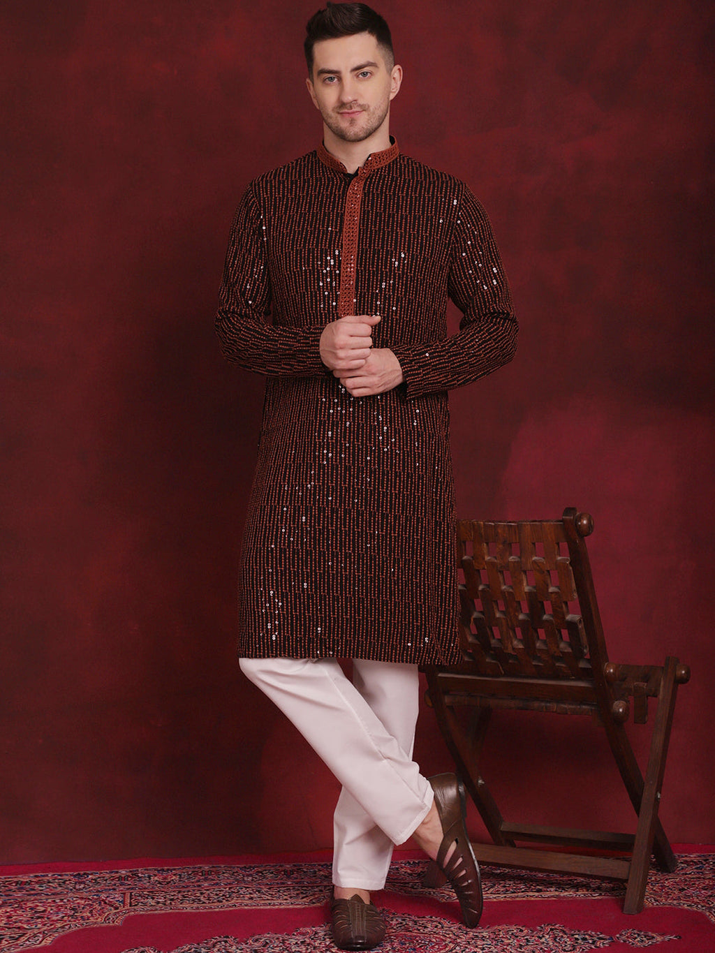 Jompers Men's Sequins Chikankari Embroidered Kurta - Orange