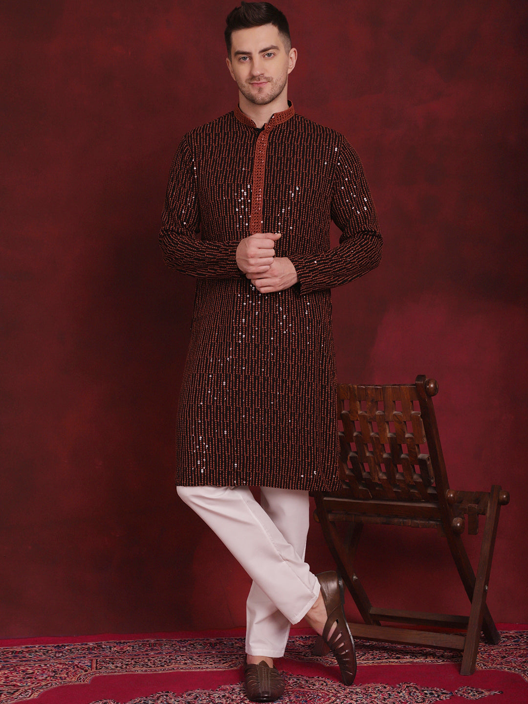 Jompers Men's Sequins Chikankari Embroidered Kurta - Orange