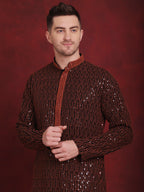 Jompers Men's Sequins Chikankari Embroidered Kurta - Orange