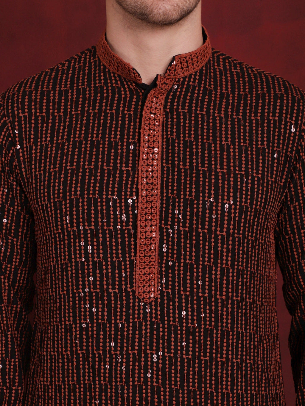 Jompers Men's Sequins Chikankari Embroidered Kurta - Orange