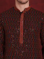 Jompers Men's Sequins Chikankari Embroidered Kurta - Orange