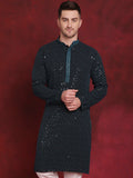 Jompers Men's Sequins Chikankari Embroidered Kurta - Peacock