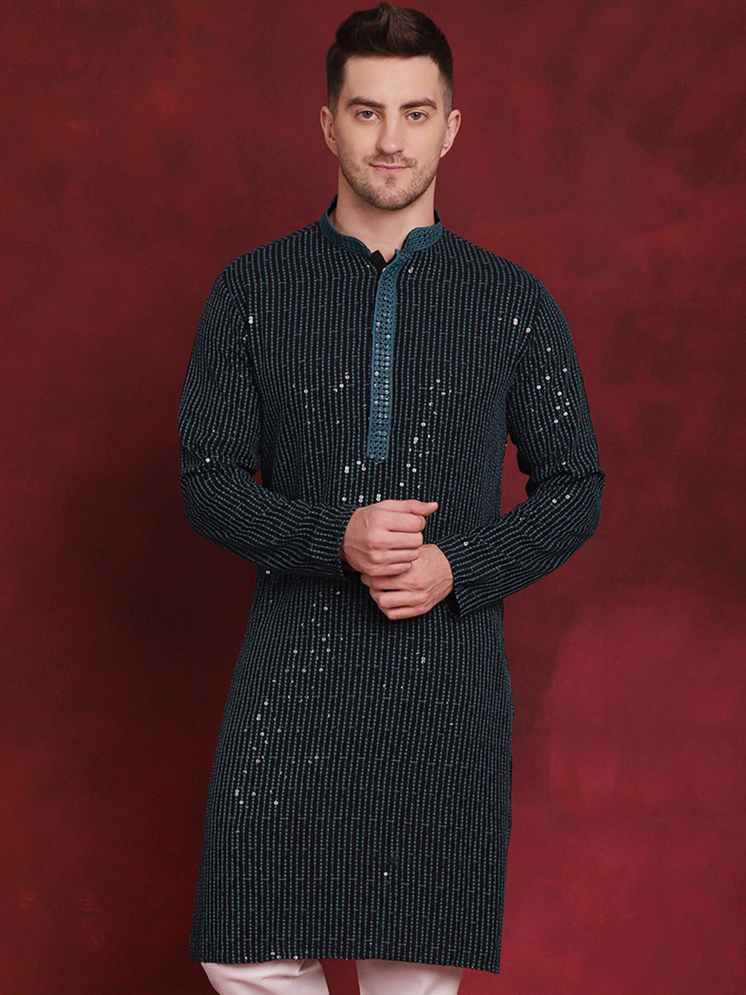 Jompers Men's Sequins Chikankari Embroidered Kurta - Peacock