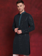 Jompers Men's Sequins Chikankari Embroidered Kurta - Peacock