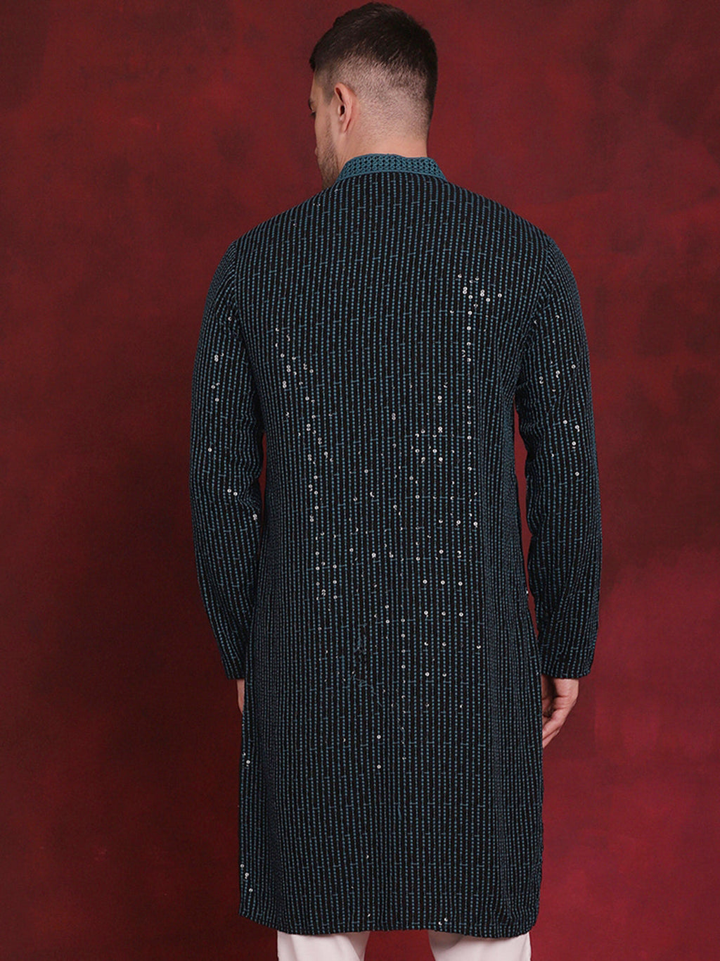 Jompers Men's Sequins Chikankari Embroidered Kurta - Peacock
