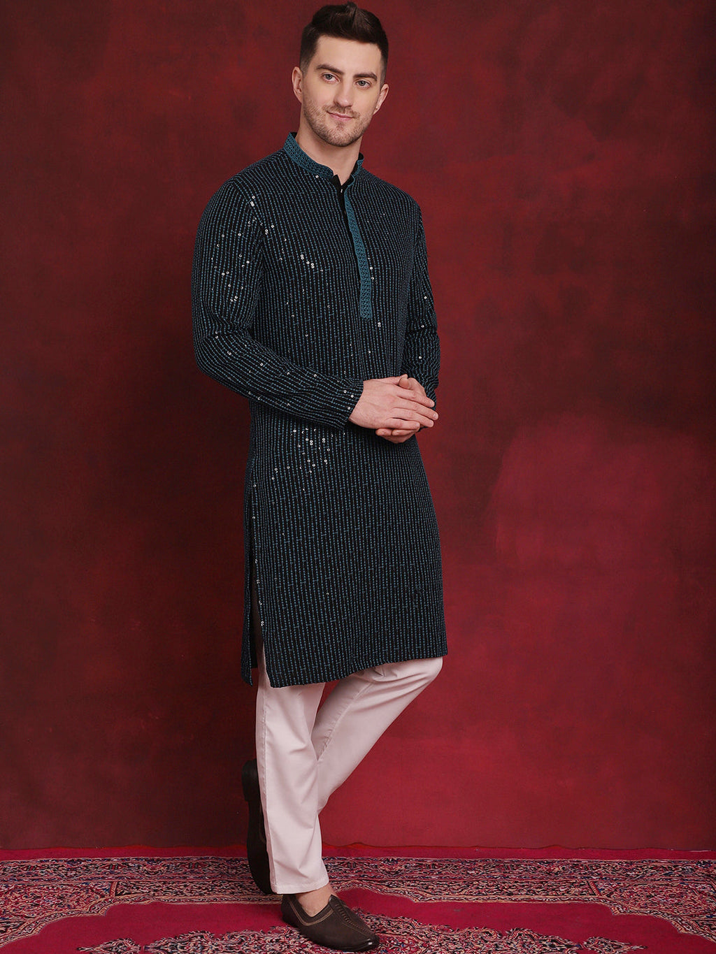 Jompers Men's Sequins Chikankari Embroidered Kurta - Peacock