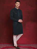 Jompers Men's Sequins Chikankari Embroidered Kurta - Peacock