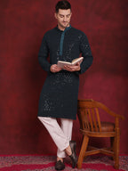 Jompers Men's Sequins Chikankari Embroidered Kurta - Peacock