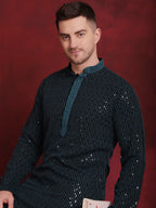 Jompers Men's Sequins Chikankari Embroidered Kurta - Peacock