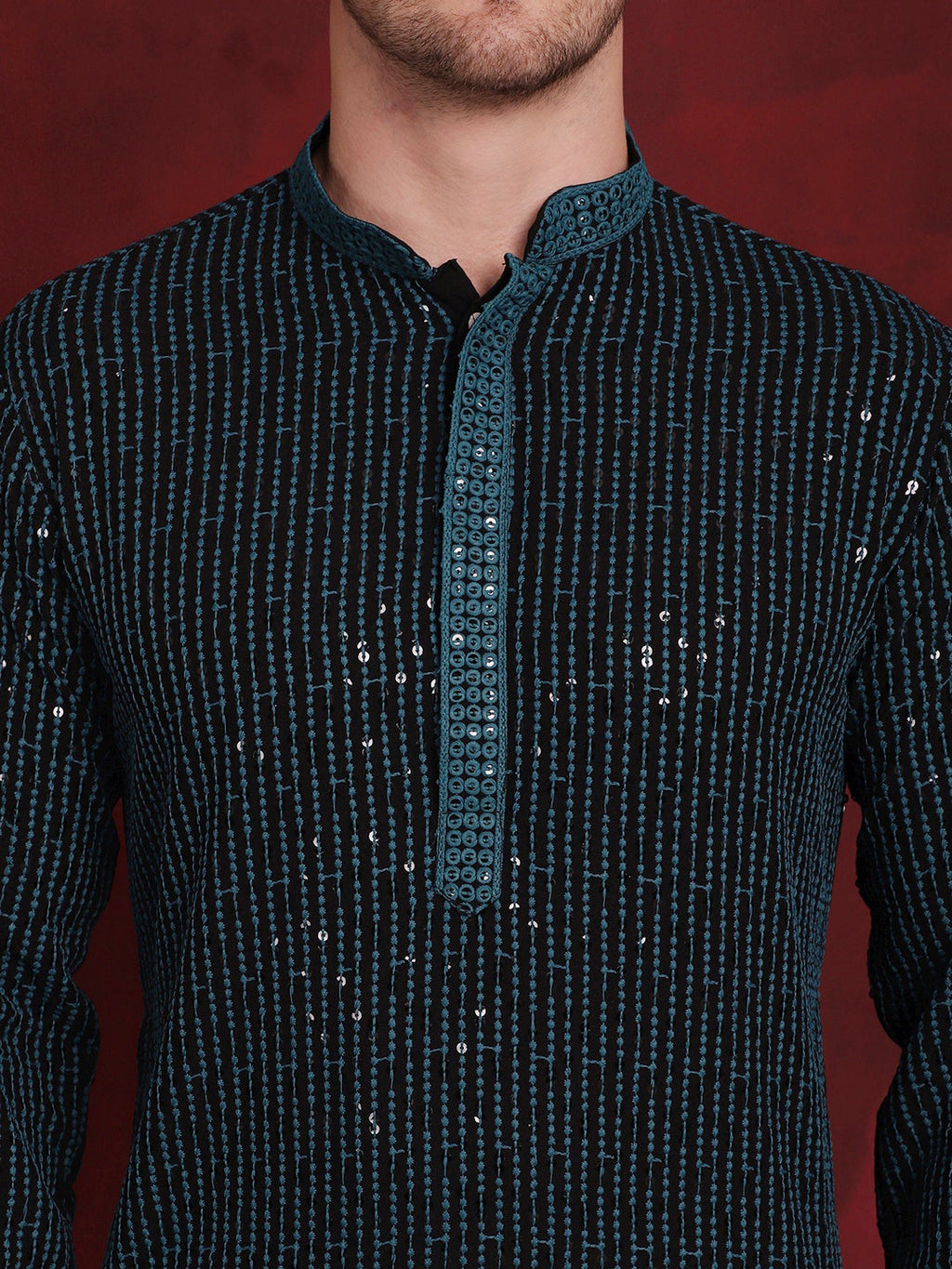 Jompers Men's Sequins Chikankari Embroidered Kurta - Peacock