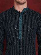 Jompers Men's Sequins Chikankari Embroidered Kurta - Peacock