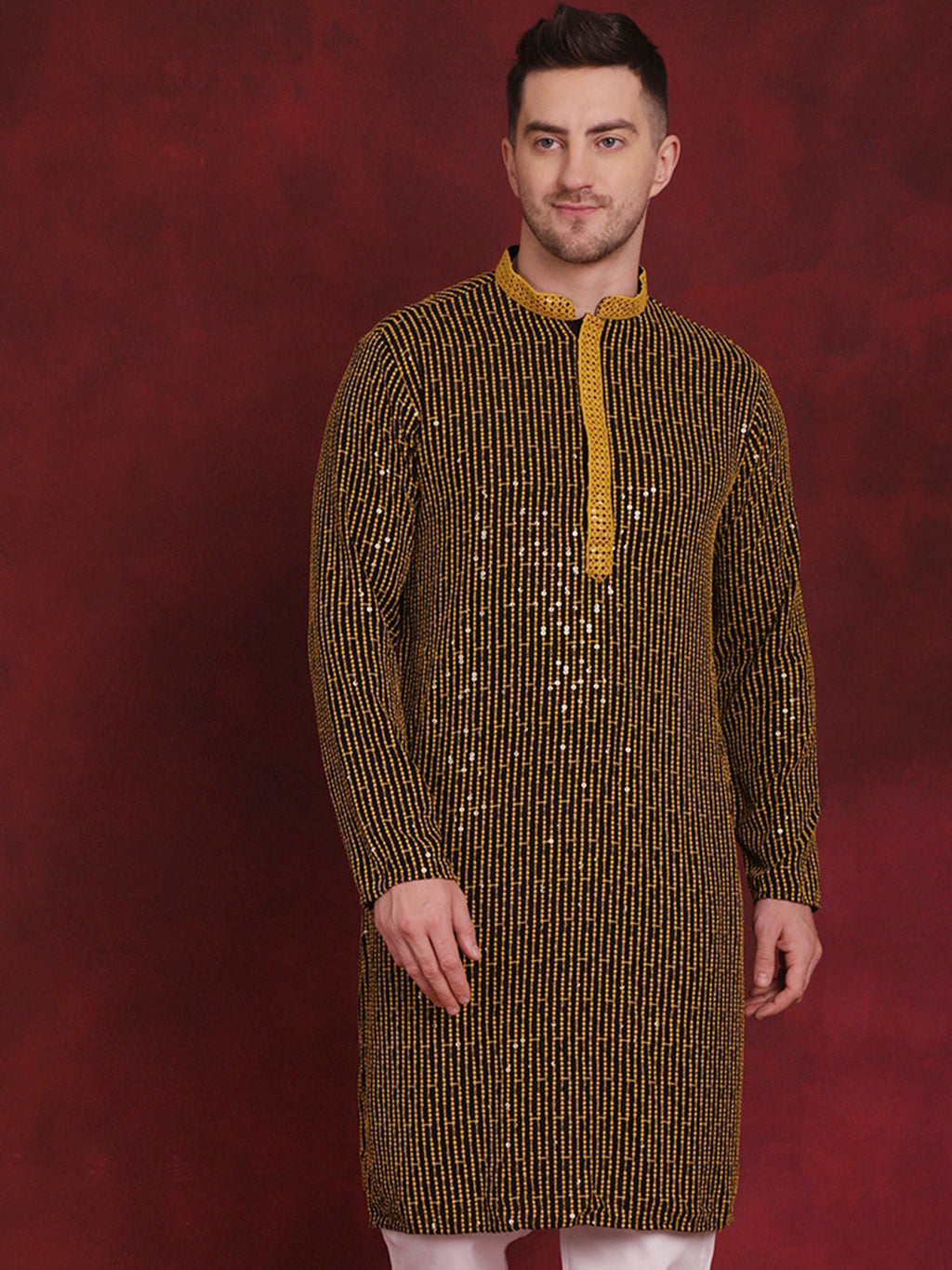 Jompers Men's Sequins Chikankari Embroidered Kurta - Yellow