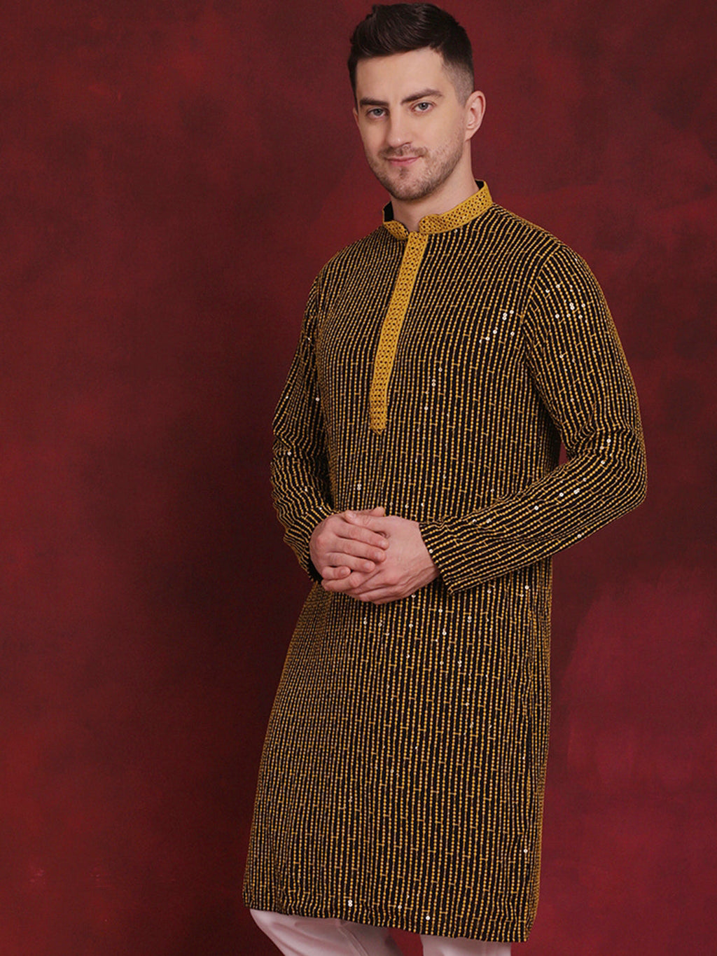 Jompers Men's Sequins Chikankari Embroidered Kurta - Yellow