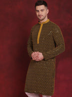 Jompers Men's Sequins Chikankari Embroidered Kurta - Yellow