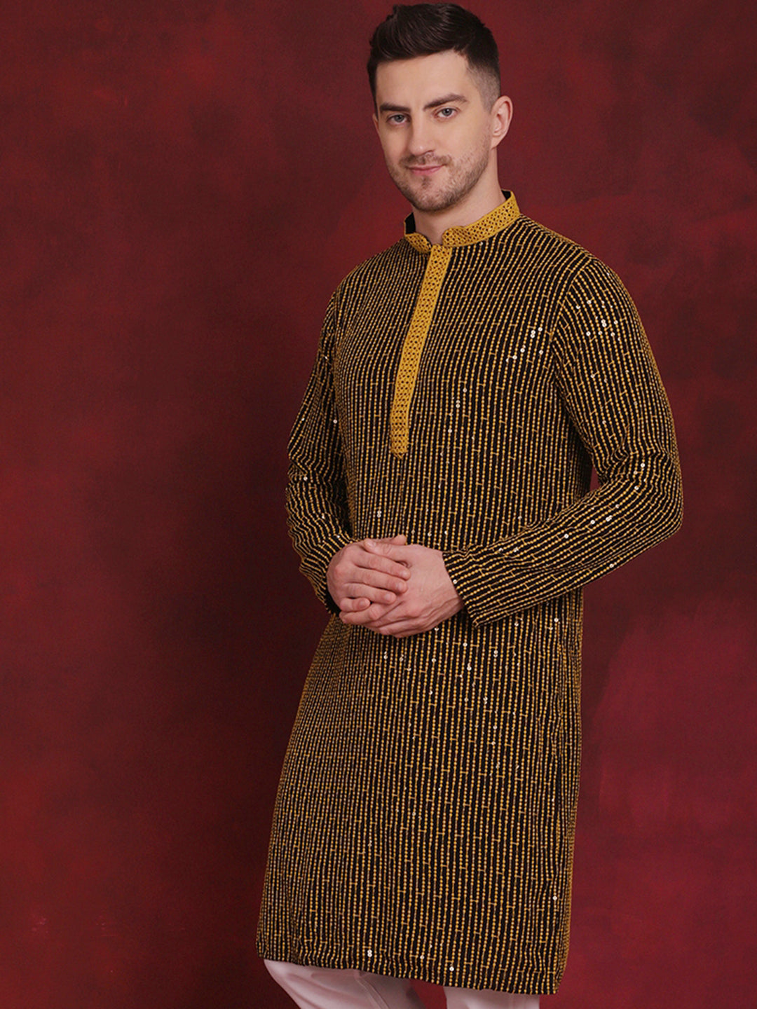 Jompers Men's Sequins Chikankari Embroidered Kurta - Yellow