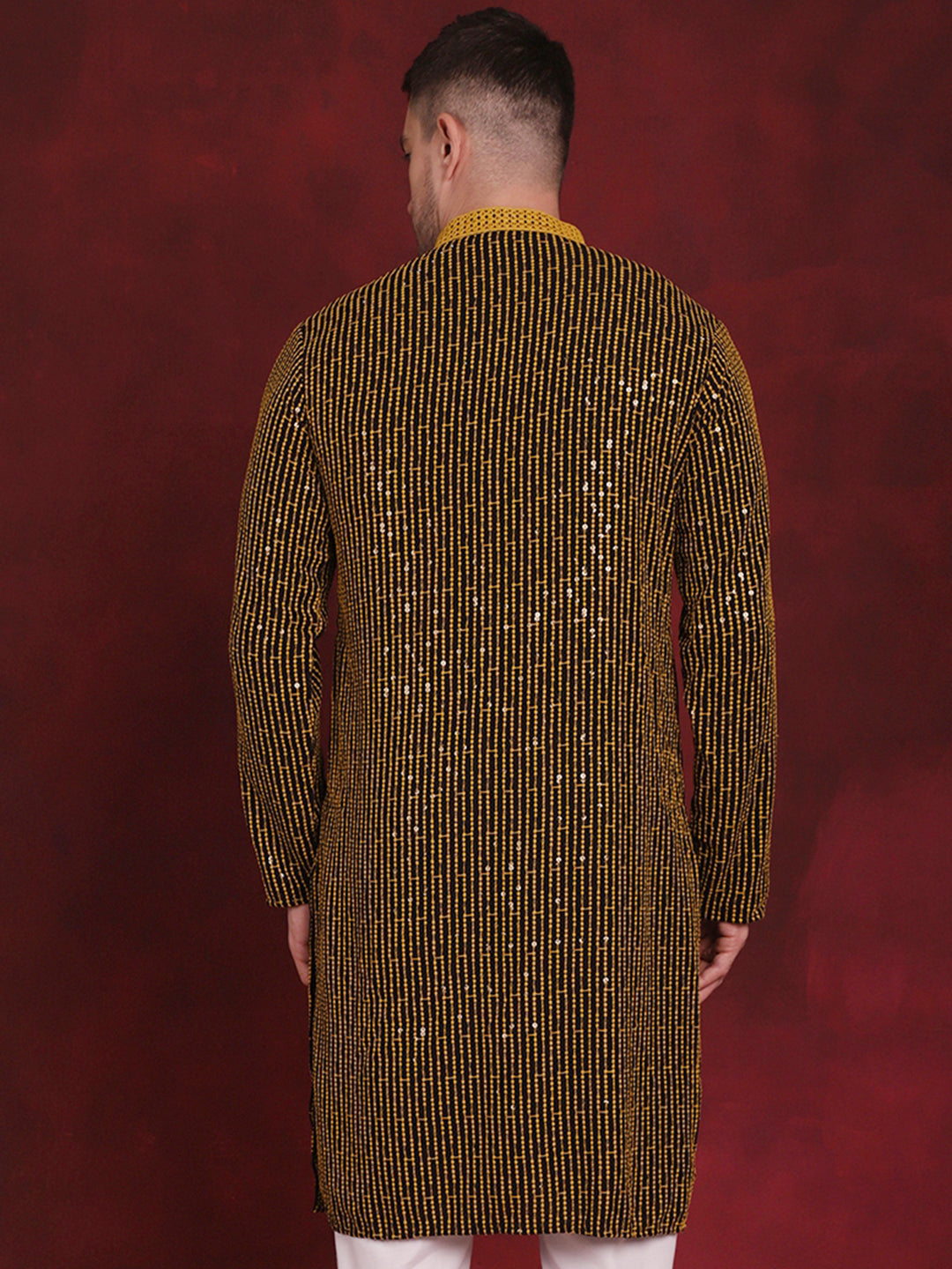 Jompers Men's Sequins Chikankari Embroidered Kurta - Yellow