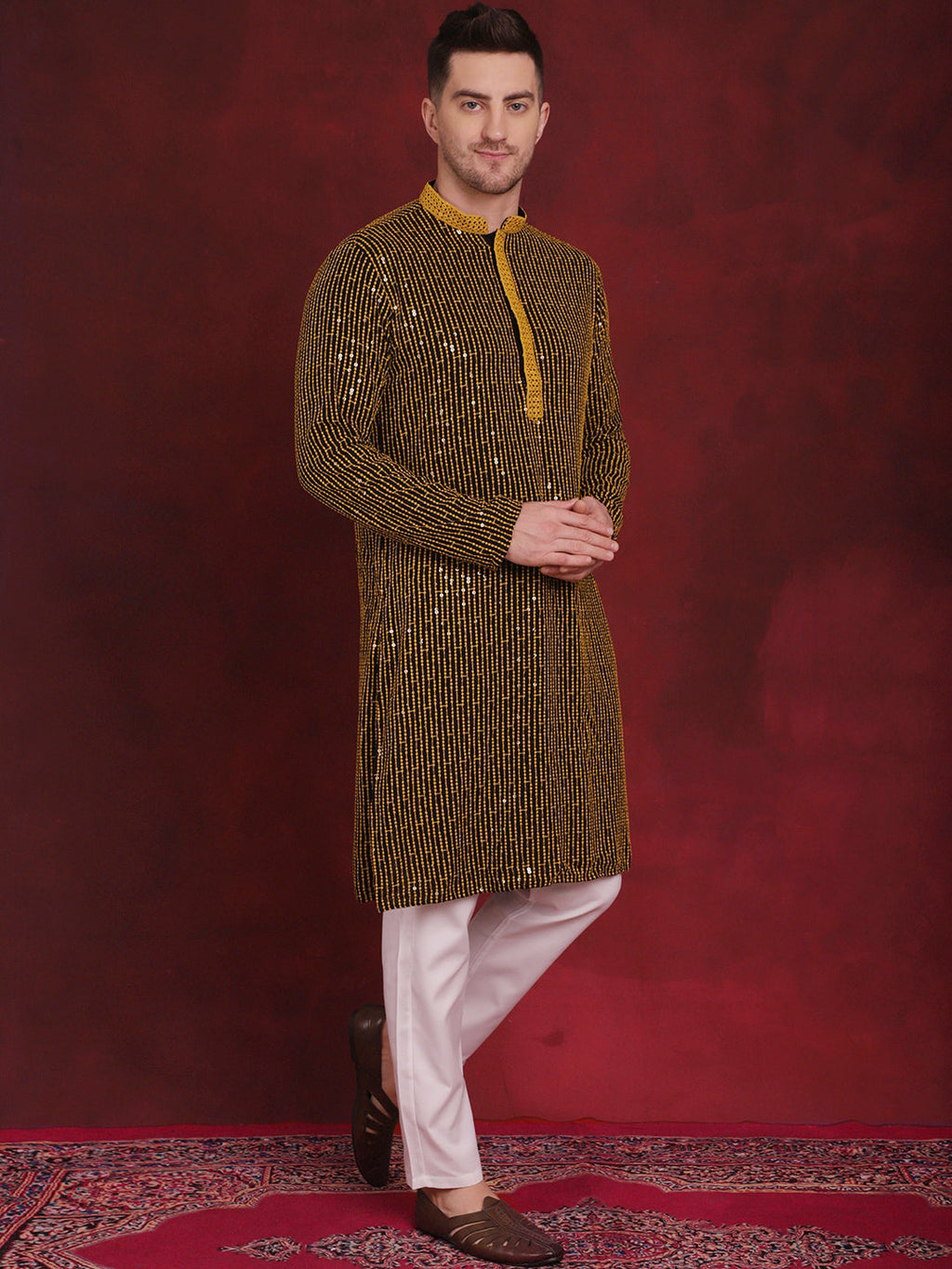 Jompers Men's Sequins Chikankari Embroidered Kurta - Yellow