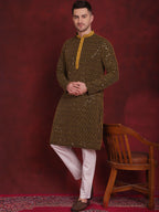 Jompers Men's Sequins Chikankari Embroidered Kurta - Yellow