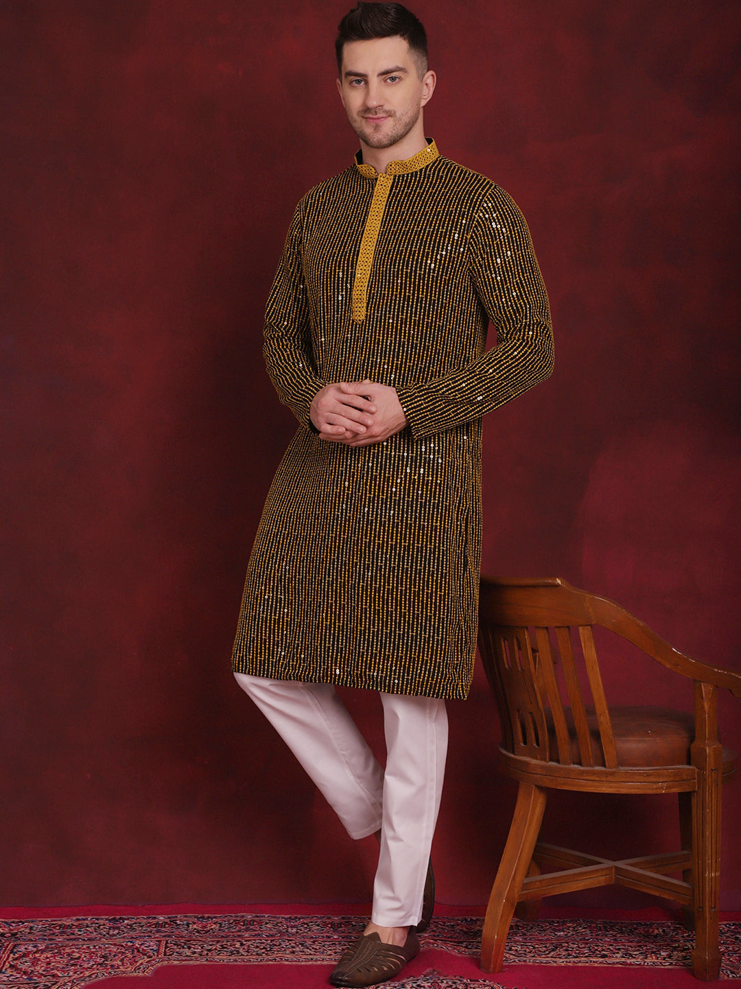 Jompers Men's Sequins Chikankari Embroidered Kurta - Yellow