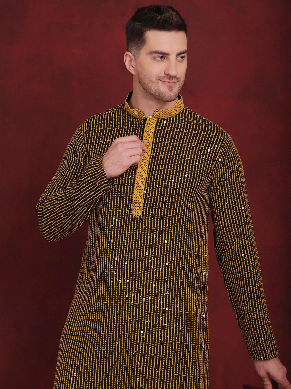 Jompers Men's Sequins Chikankari Embroidered Kurta - Yellow