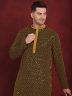 Jompers Men's Sequins Chikankari Embroidered Kurta - Yellow