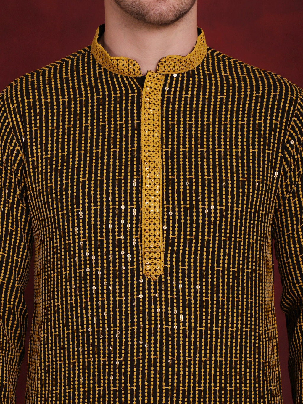 Jompers Men's Sequins Chikankari Embroidered Kurta - Yellow