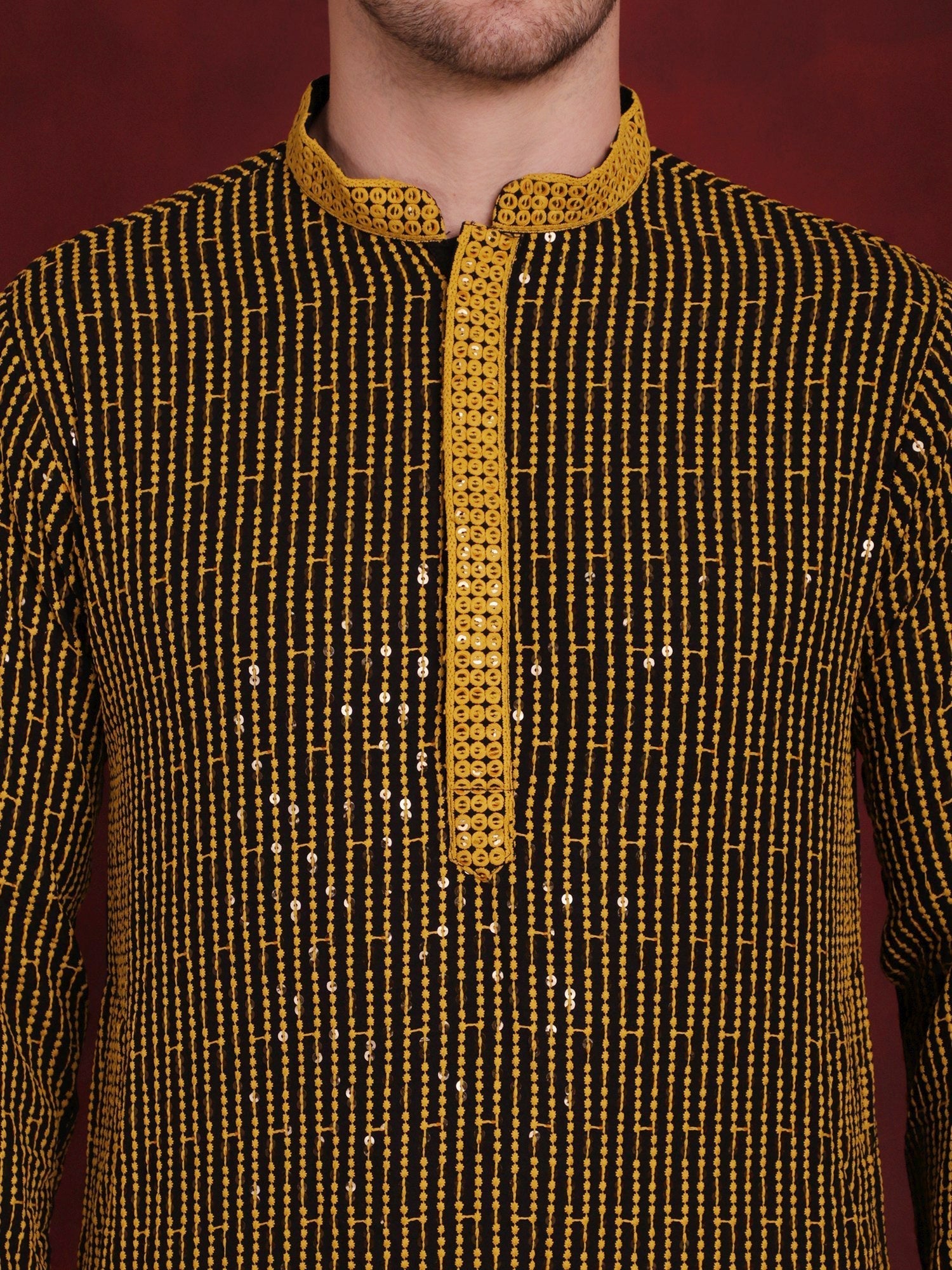 Jompers Men's Sequins Chikankari Embroidered Kurta - Yellow