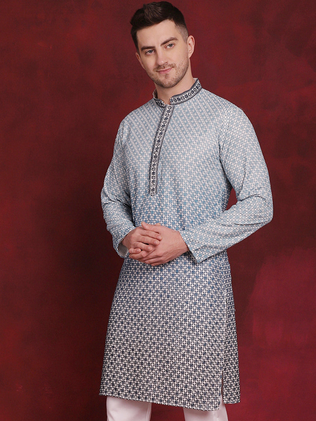 Jompers Men's Sequins Embroidered Kurta - Blue