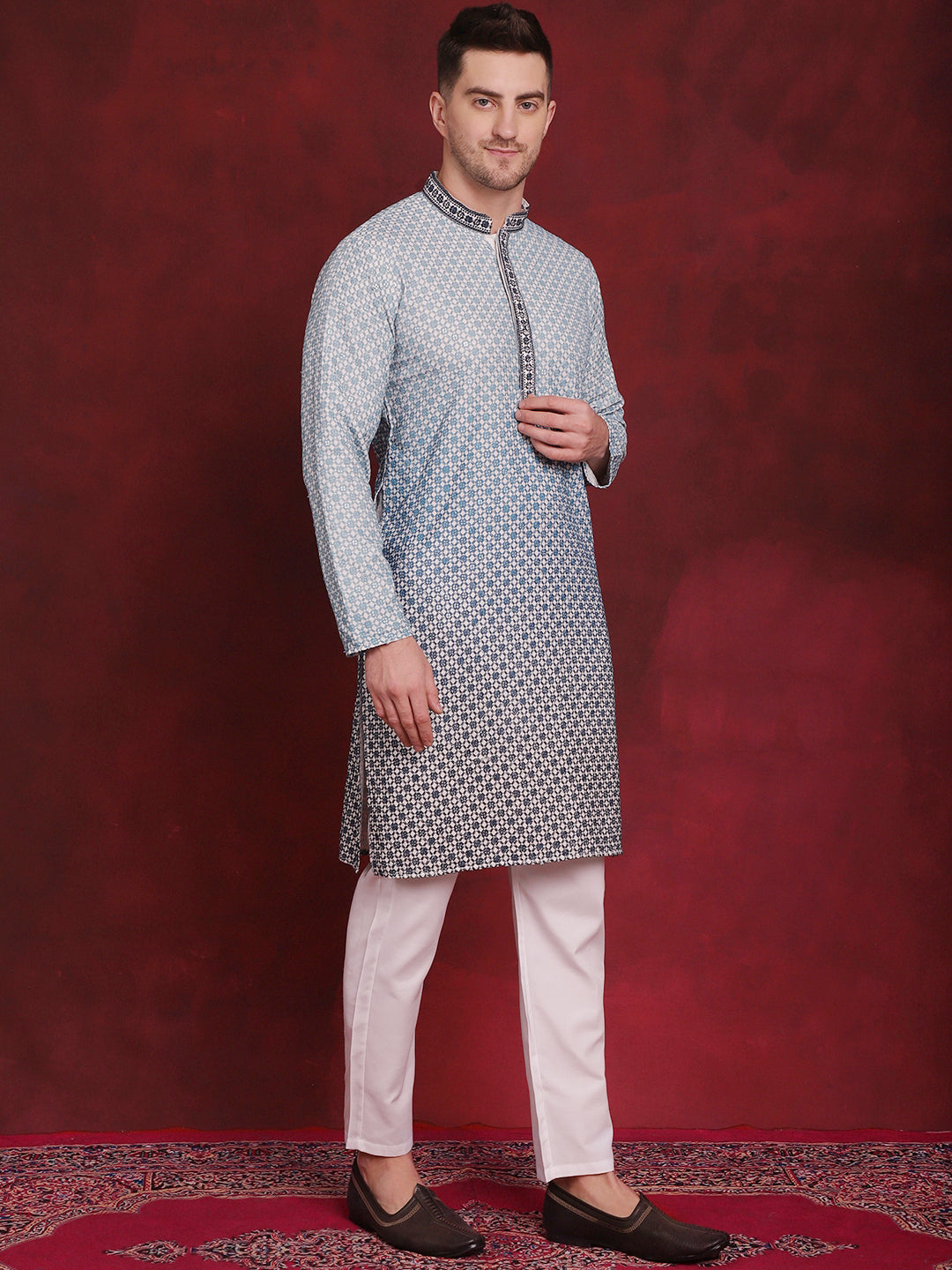 Jompers Men's Sequins Embroidered Kurta - Blue