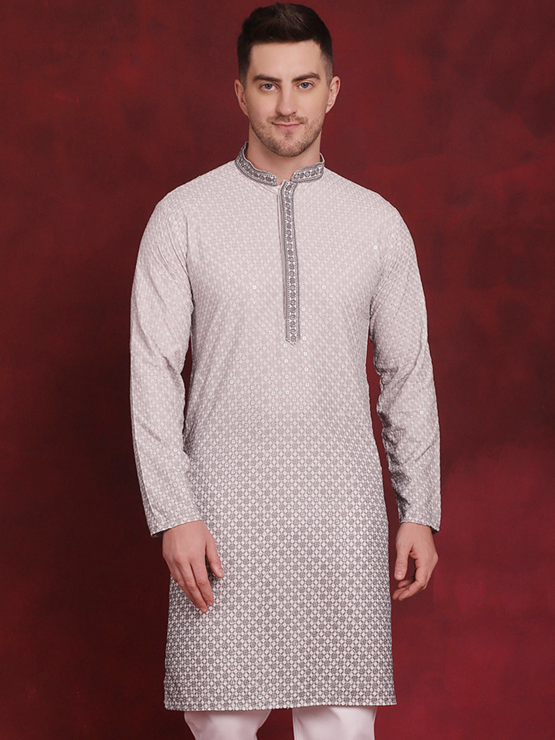 Jompers Men's Sequins Embroidered Kurta - Grey