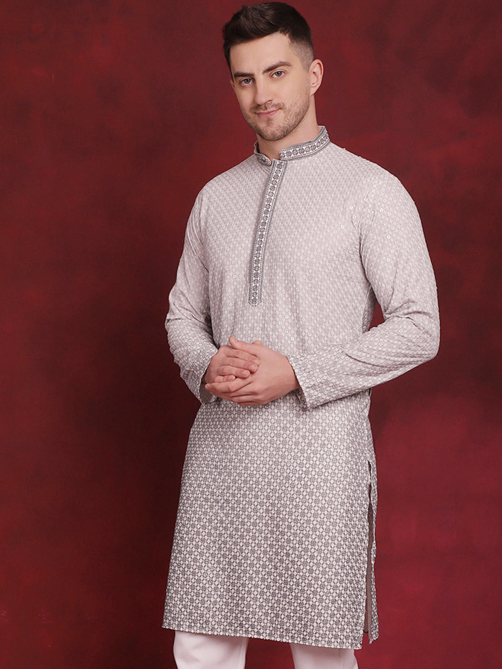 Jompers Men's Sequins Embroidered Kurta - Grey