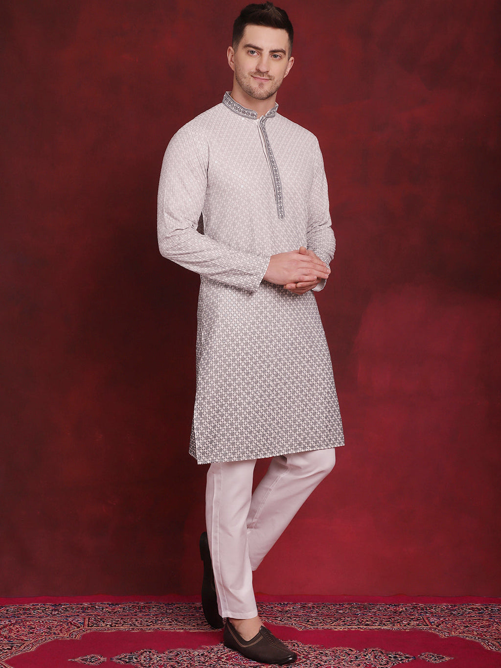 Jompers Men's Sequins Embroidered Kurta - Grey