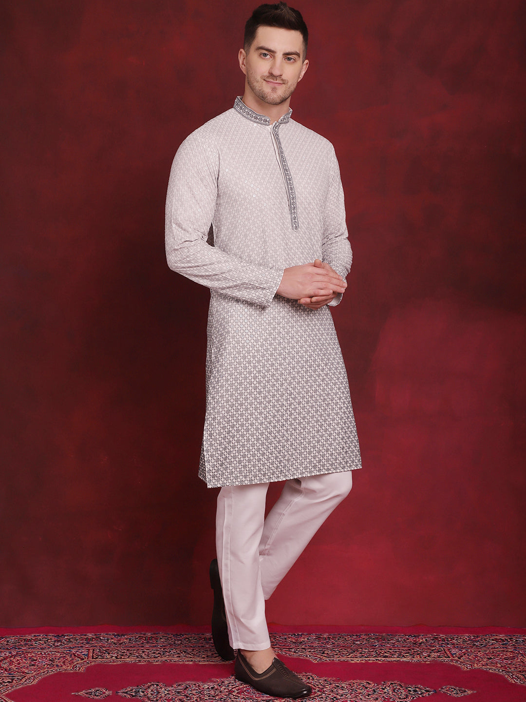 Jompers Men's Sequins Embroidered Kurta - Grey