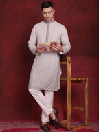 Jompers Men's Sequins Embroidered Kurta - Grey