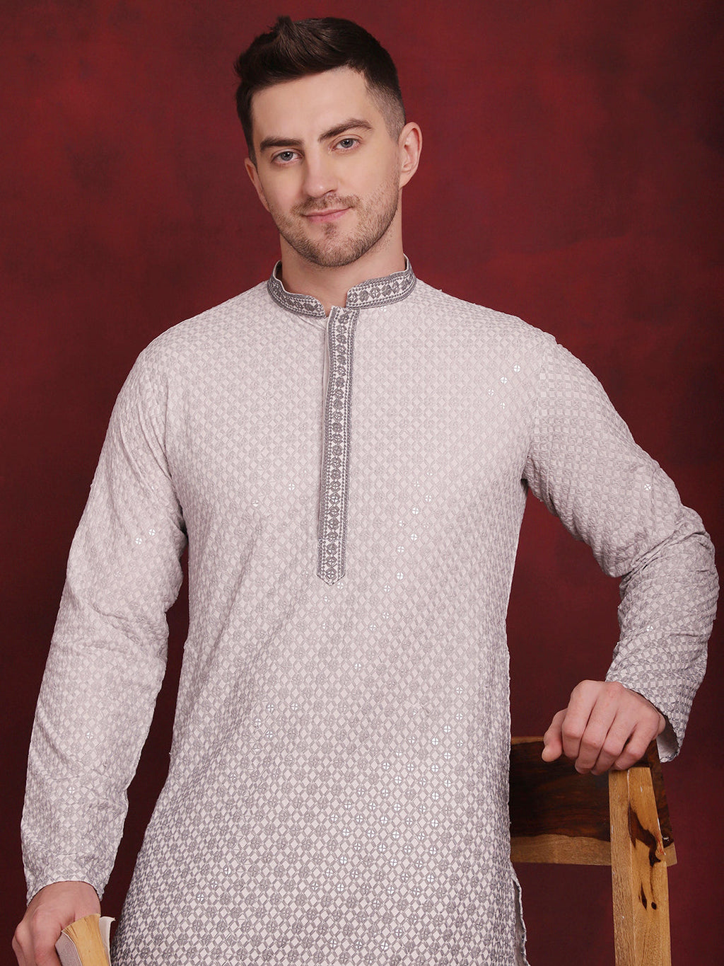 Jompers Men's Sequins Embroidered Kurta - Grey