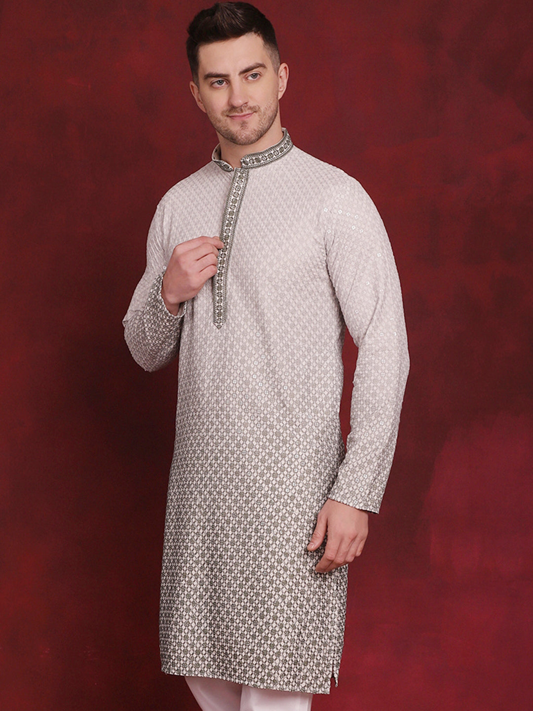 Jompers Men's Sequins Embroidered Kurta - Pista